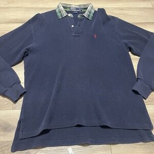 Polo Ralph‎ Lauren Shirt Navy Thermal Plaid Collar Mens M VTG Rugby Waffle Knit